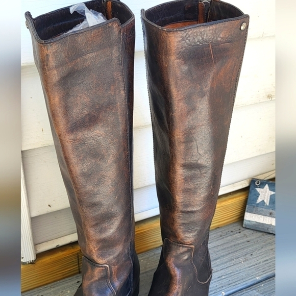 Frye Knee High Leather Back Zip Distressed Riding Boot - Picture 5 of 14